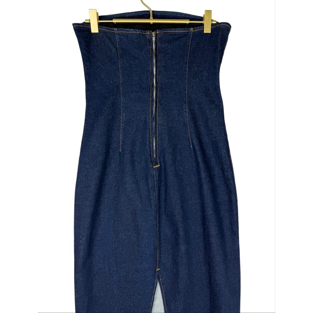 GRLFRND Lena Colum Denim Maxi Dress Dark Wash Small Strapless Classy Chic Date - Picture 6 of 11